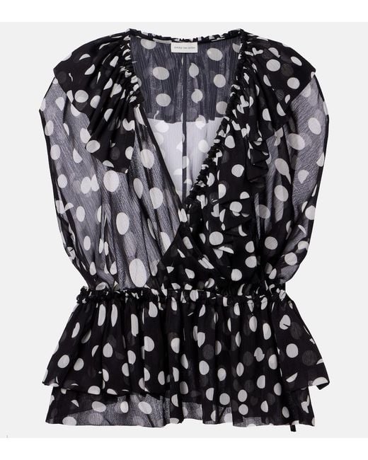 Dries Van Noten Black Polka-Dot Ruffled Top