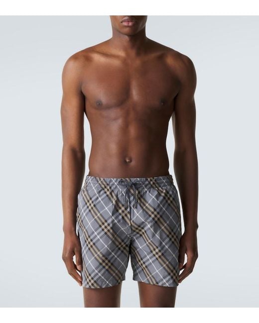 Burberry Gray Check Swim Trunks for men
