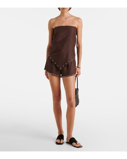 Staud Brown Samara Embellished Linen Top