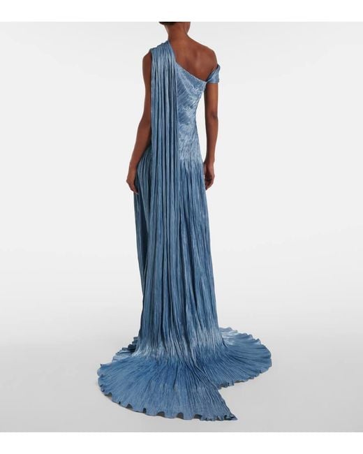 Marmar Halim Blue Draped Pleated Silk Chiffon Gown