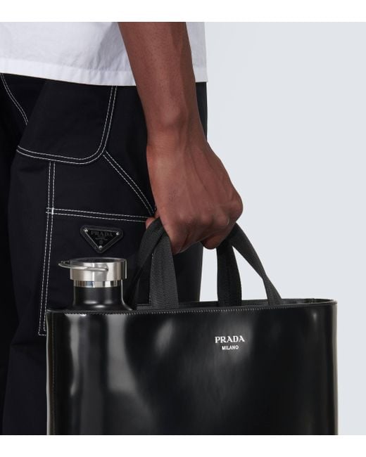 Prada Black Leather Tote Bag And Water Bottle Set for men