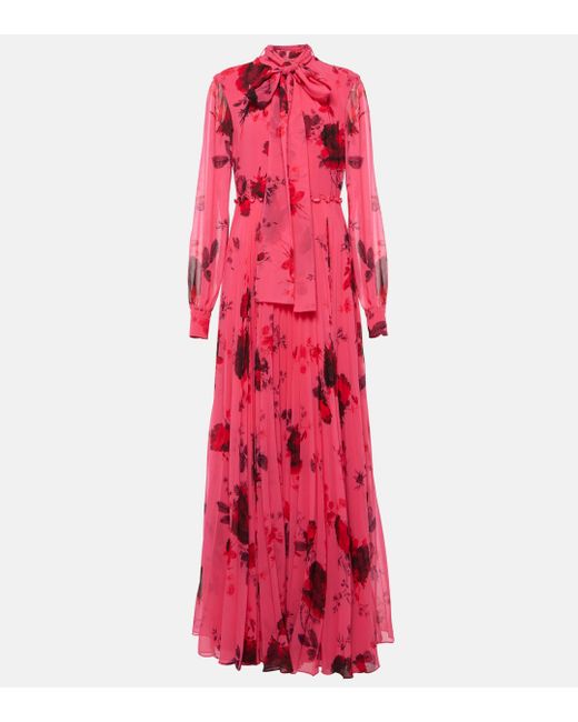 Erdem Red Floral-print Pleated Voile Gown