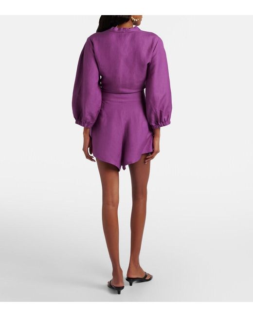 Adriana Degreas Purple Pleated Linen-Blend Shorts
