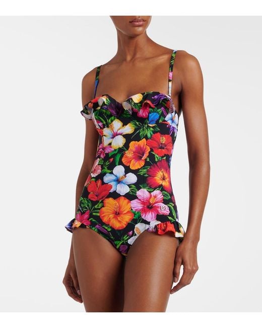 Dolce & Gabbana Red Floral Ruffled Swimsuit