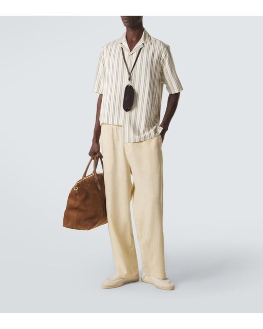 LeKasha White Striped Silk Bowling Shirt for men
