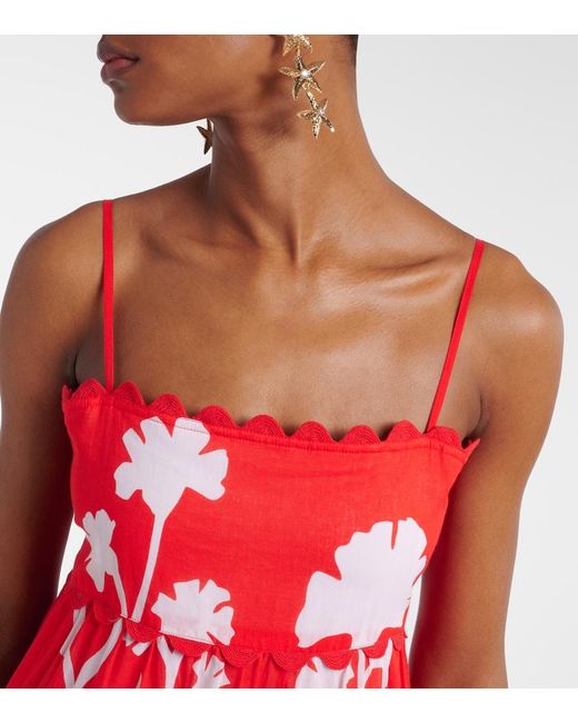 Juliet Dunn Red Printed Scalloped Cotton Midi Dress