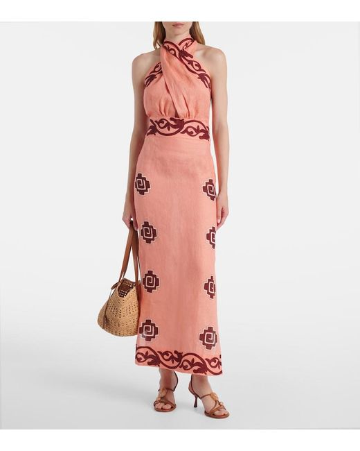 Johanna Ortiz Pink Energetic Patterns Linen Maxi Dress