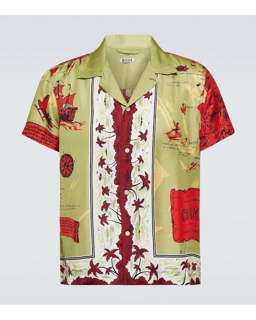 Bode Green Printed Silk Shirt for men