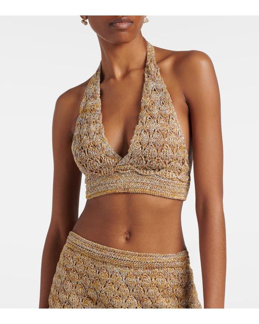 Valentino Metallic Open-Knit Linen-Blend Lame Crop Top