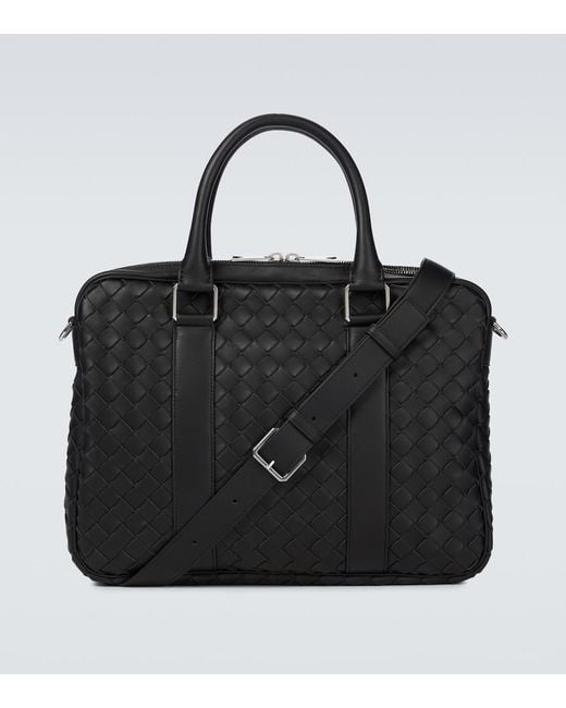 Bottega Veneta Black Intrecciato Leather Briefcase for men
