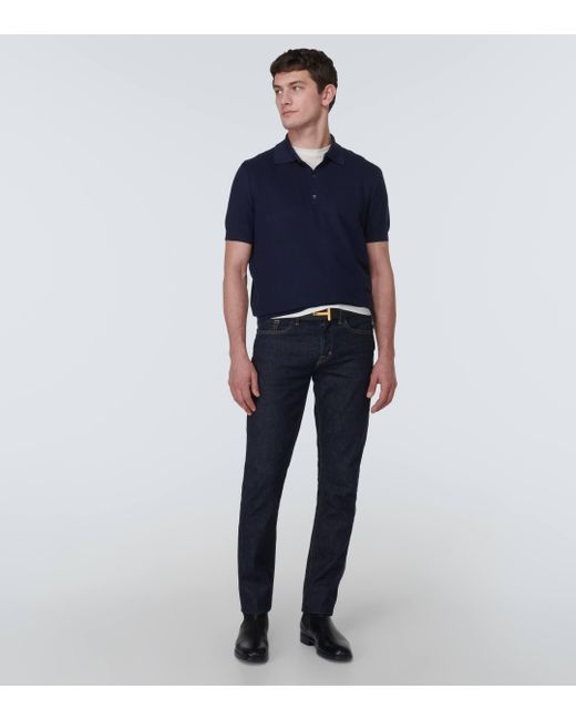 Tom Ford Blue Slim-fit Honeycomb-knit Silk-blend Polo Shirt for men