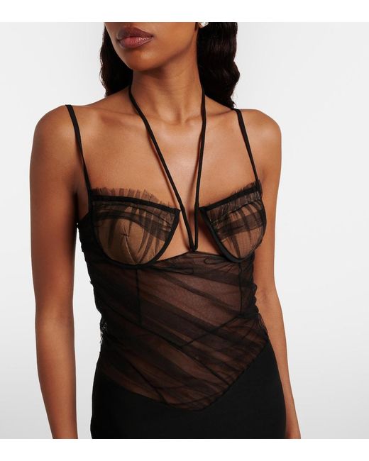 Nensi Dojaka Black Asymmetric Draped Sheer Maxi Dress