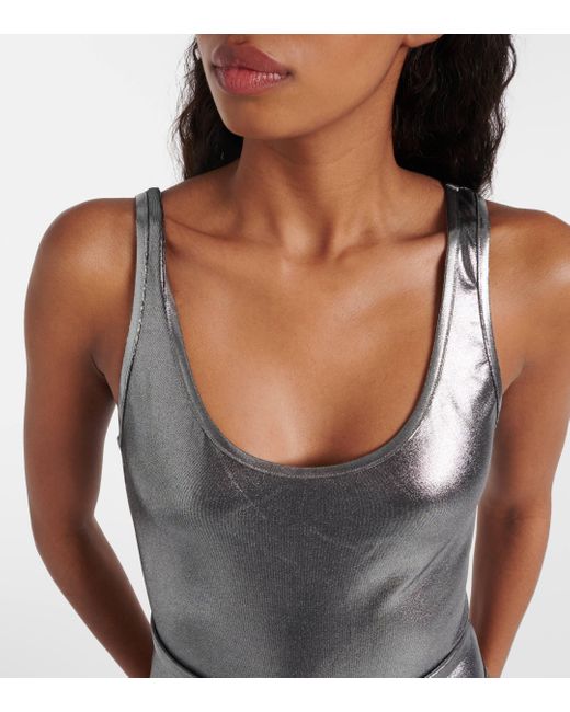 Balmain Gray B Belted Metallic Swimsuit