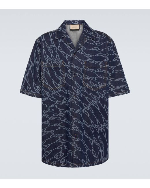 Gucci Blue Printed Denim Shirt for men