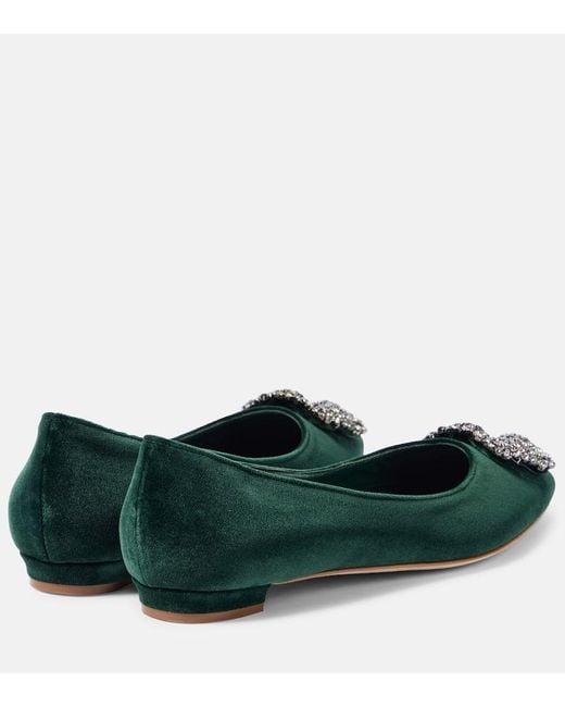 Manolo Blahnik Green Hangisi Embellished Velvet Ballet Flats