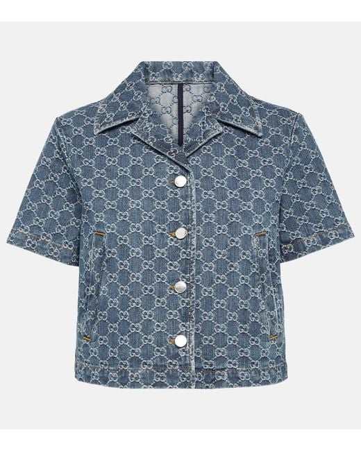 Gucci Blue Gg Cropped Denim Jacquard Top
