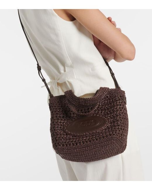 Tod's Brown Logo Raffia Tote Bag