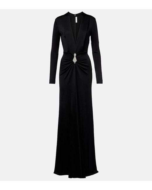 Victoria Beckham Black Embellished Gathered Crepe Gown
