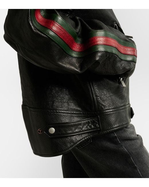 Gucci Black Web Stripe Leather Biker Jacket