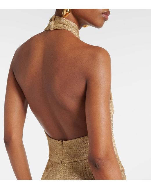 The New Arrivals Ilkyaz Ozel Natural Cass Ruched Halterneck Lame Gown