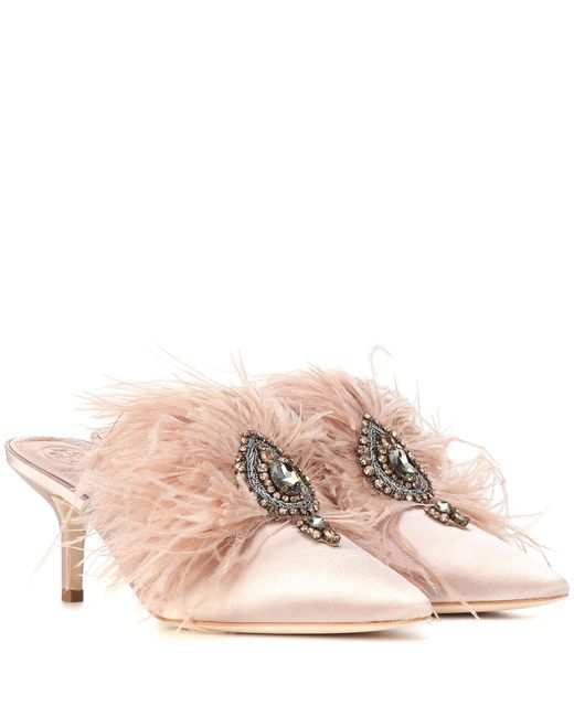 Tory Burch Pink Elodie Feather Embellished Satin Mule