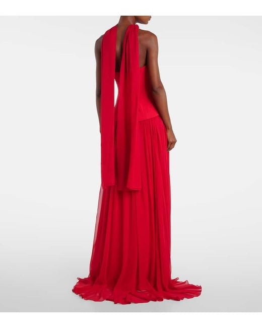 Monique Lhuillier Red Vermilion Crepe And Chiffon Corset Gown