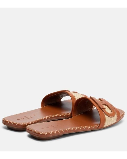 Hogan Brown Leather-Trimmed Raffia Slides