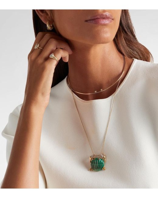 Yvonne Léon White Crabe Coquillage 9Kt Pendant Necklace With Malachite And Diamonds