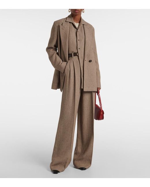 Loro Piana Natural Nyack Chevron Linen Crepe Wide-Leg Pants