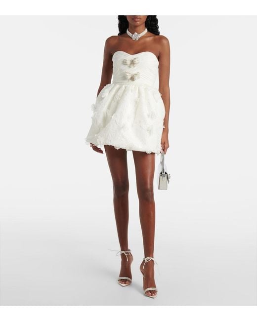 Self-Portrait White Bridal Pleated Organza And Lace Minidress