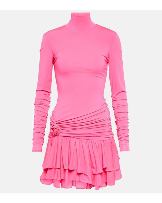 Blumarine Pink Floral-Applique Gathered Minidress