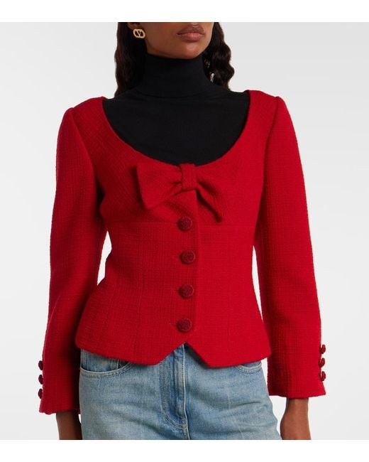 Valentino Red Bow-Detail Cropped Wool-Blend Tweed Jacket