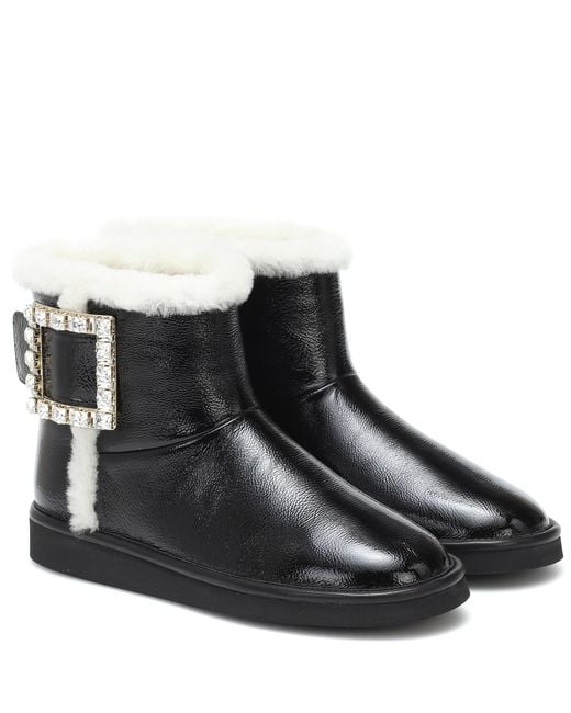 Roger Vivier Viv Snow Strass Leather Ankle Boots in Nero (Black) | Lyst