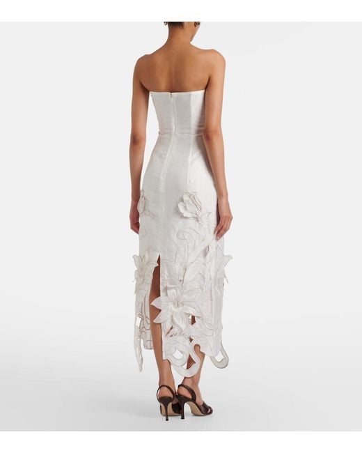 LEO LIN White Rayna Floral-Applique Linen-Blend Bustier Gown
