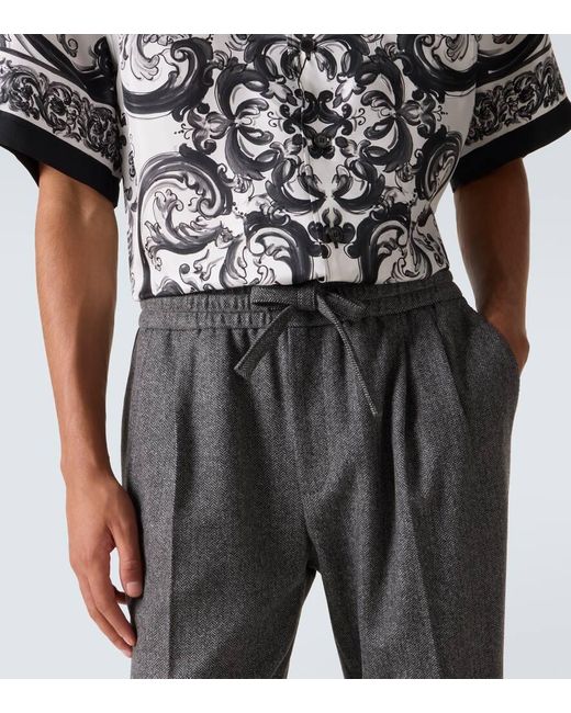 Dolce & Gabbana Gray Herringbone Wool-Blend Wide-Leg Pants for men