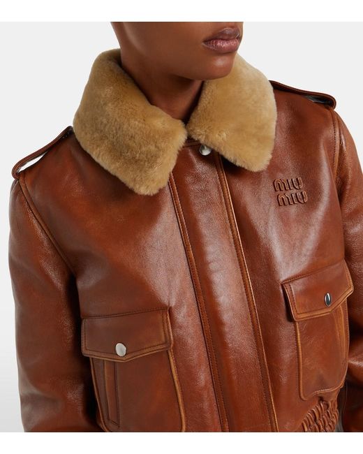 Veste En Cuir Et Shearling Miu Miu en coloris Brown