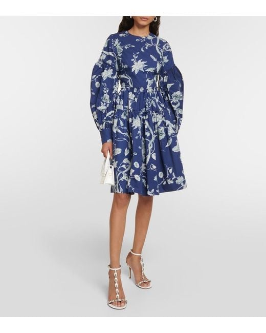Erdem Blue Floral-print Tiered-hem Cotton-poplin Mini Dress