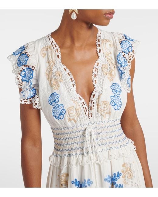 Farm Rio White Besticktes Maxikleid Aus Einem Leinengemisch