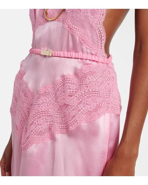 Gucci Pink Lace-Trimmed Silk Satin Midi Dress
