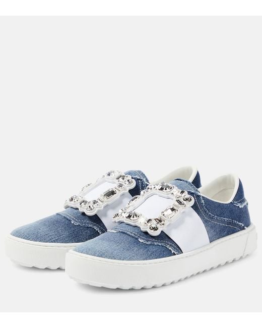 Roger Vivier Blue Very Vivier Fringed Denim Sneakers