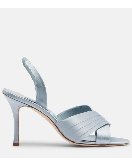 Manolo Blahnik Blue Viera 90 Satin Slingback Sandals