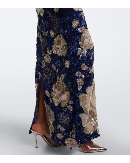 La Fuori Blue Sequined Floral Gown
