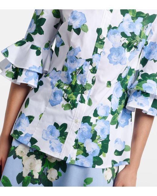 Carolina Herrera Blue Floral Ruffled Cotton-Blend Shirt