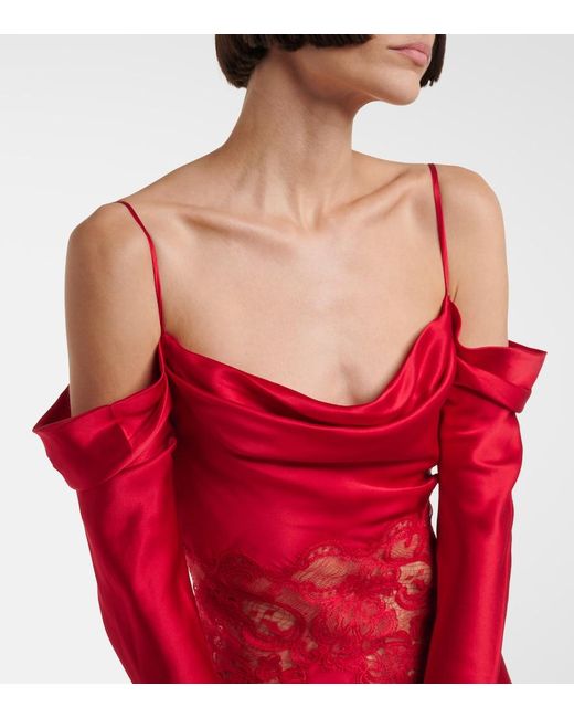 Rebecca Vallance Red Rubia Lace-Trimmed Silk Satin Gown