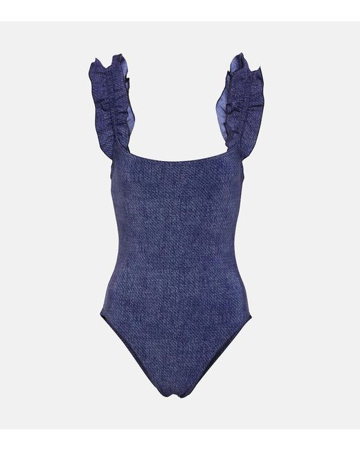 Karla Colletto Blue Nori Ruffled Denim Swimsuit