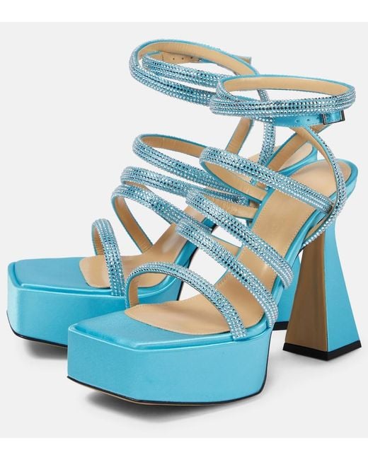 Mach & Mach Blue Sydney Embellished Satin Platform Sandals