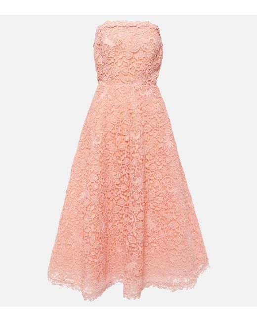 Carolina Herrera Pink Strapless Guipure Lace Midi Dress