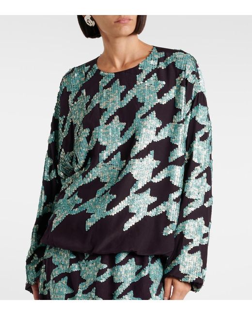 Dries Van Noten Blue Sequined Houndstooth Silk Sweatshirt