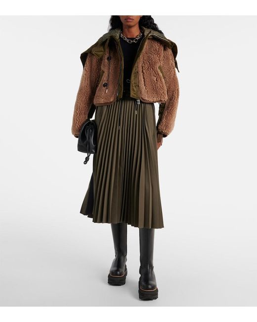 Sacai Brown Twill-Trimmed Faux Fur Jacket