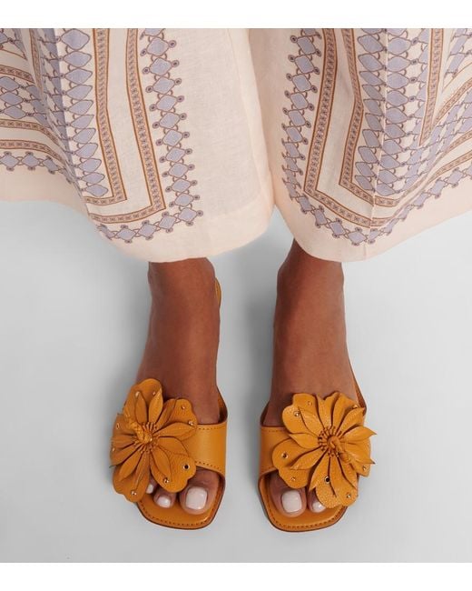 Zimmermann Natural Brightside Floral-Applique Leather Sandals